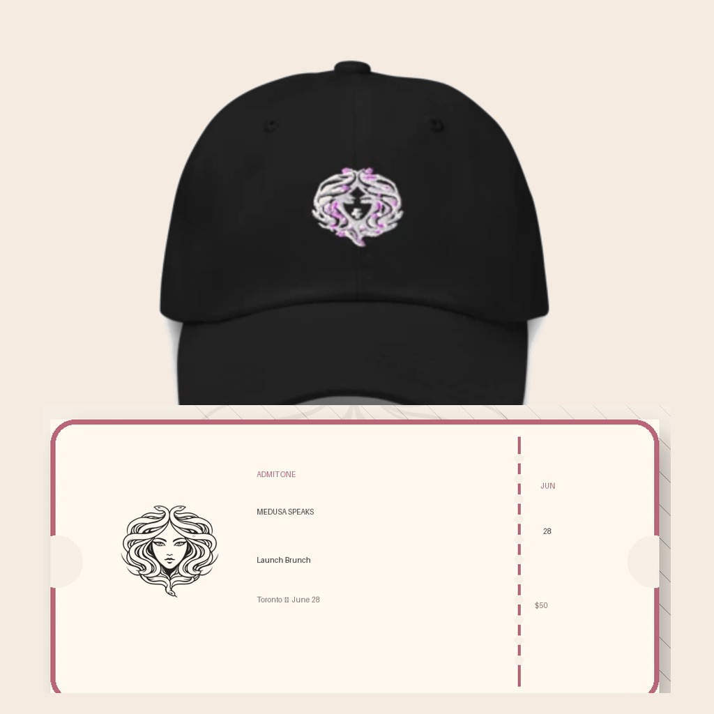 Black Medusa logo hat paired with a vintage admit-one ticket
