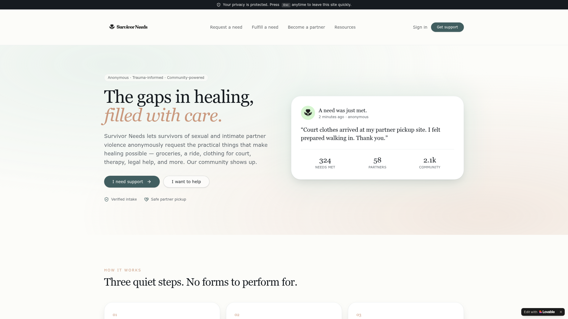 Screenshot of the survivorneeds.org homepage